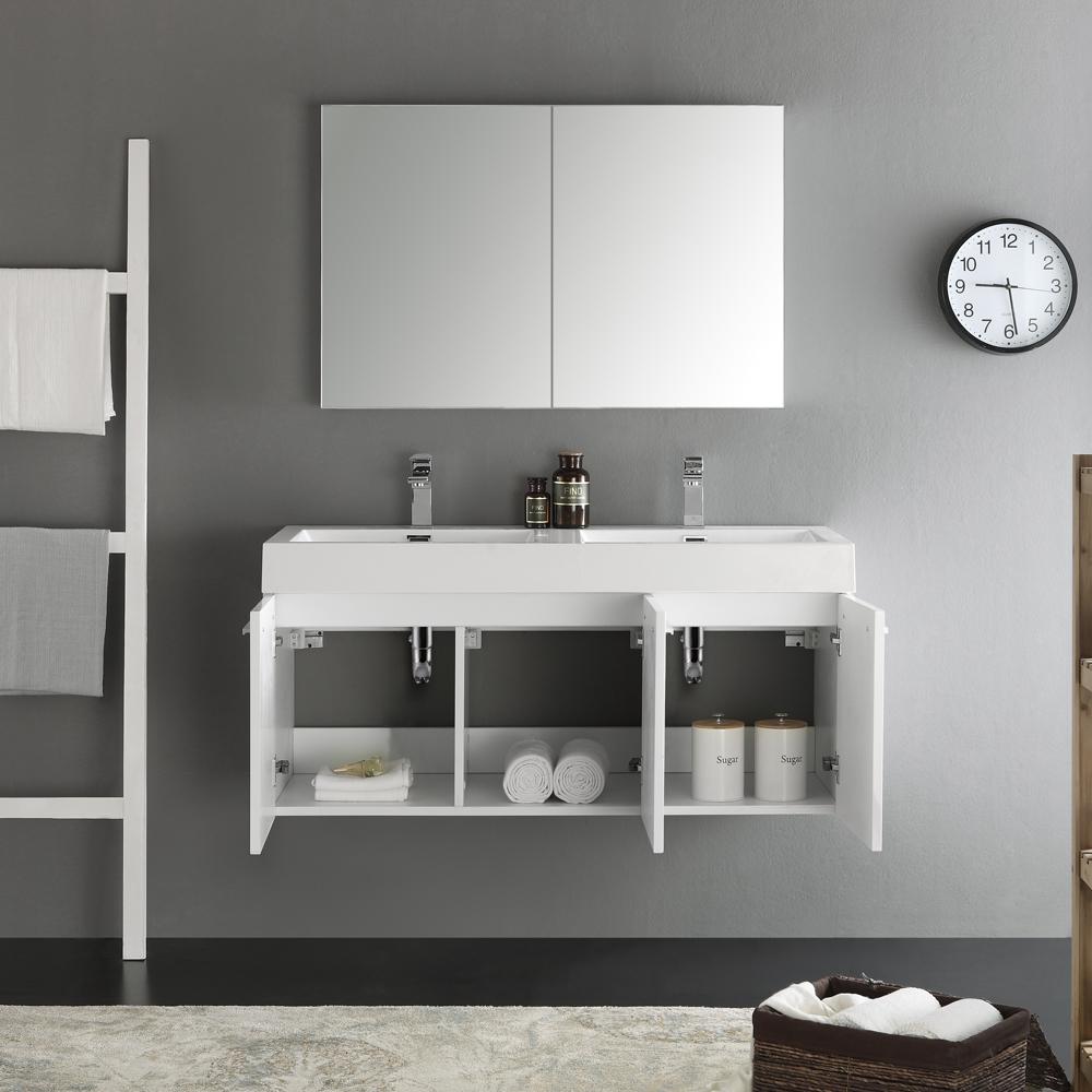 Fresca Vista 48" White Wall Hung Double Sink Modern Bathroom Vanity w/ Medicine Cabinet