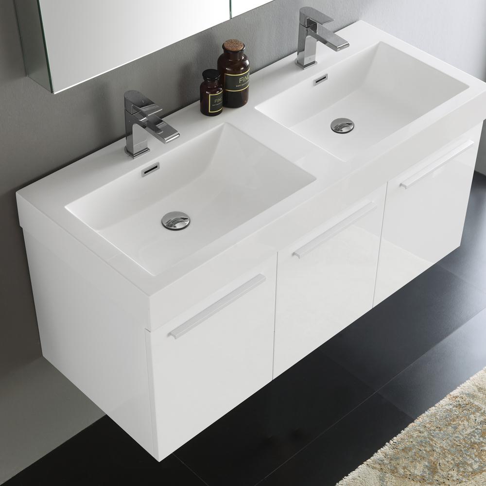 Fresca Vista 48" White Wall Hung Double Sink Modern Bathroom Vanity w/ Medicine Cabinet