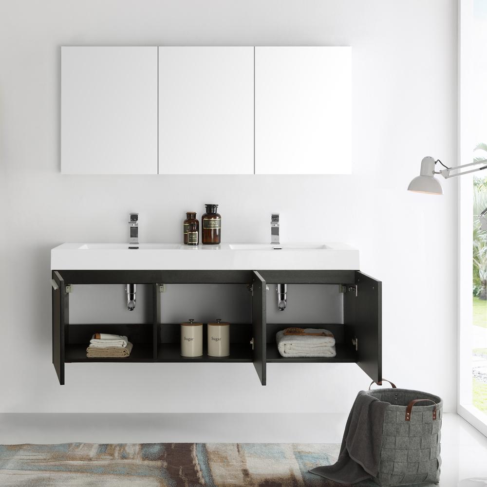 Fresca Vista 60" Black Wall Hung Double Sink Modern Bathroom Vanity w/ Medicine Cabinet