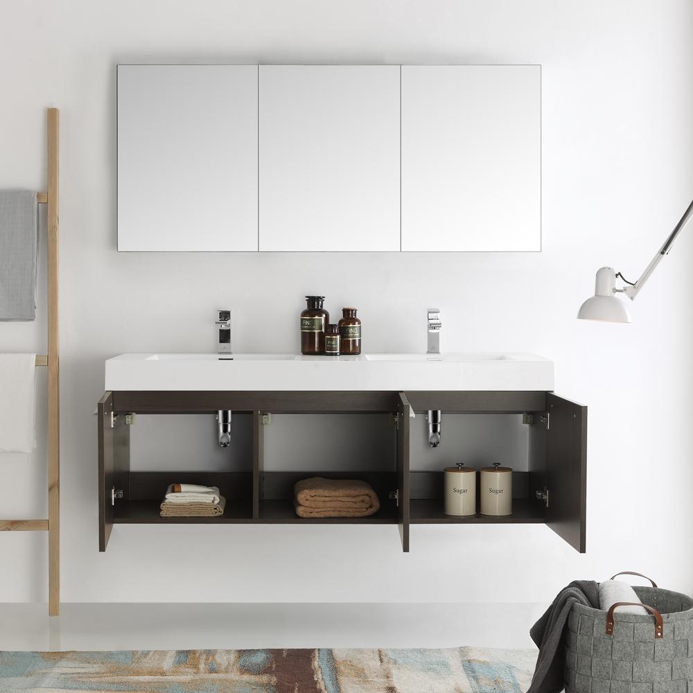 Fresca Vista 60" Gray Oak Wall Hung Double Sink Modern Bathroom Vanity w/ Medicine Cabinet