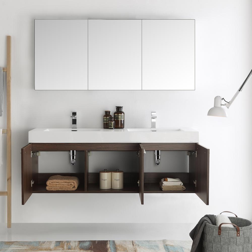 Fresca Vista 60" Walnut Wall Hung Double Sink Modern Bathroom Vanity w/ Medicine Cabinet