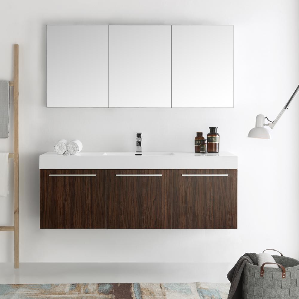 Fresca Vista 60" Walnut Wall Hung Single Sink Modern Bathroom Vanity w/ Medicine Cabinet