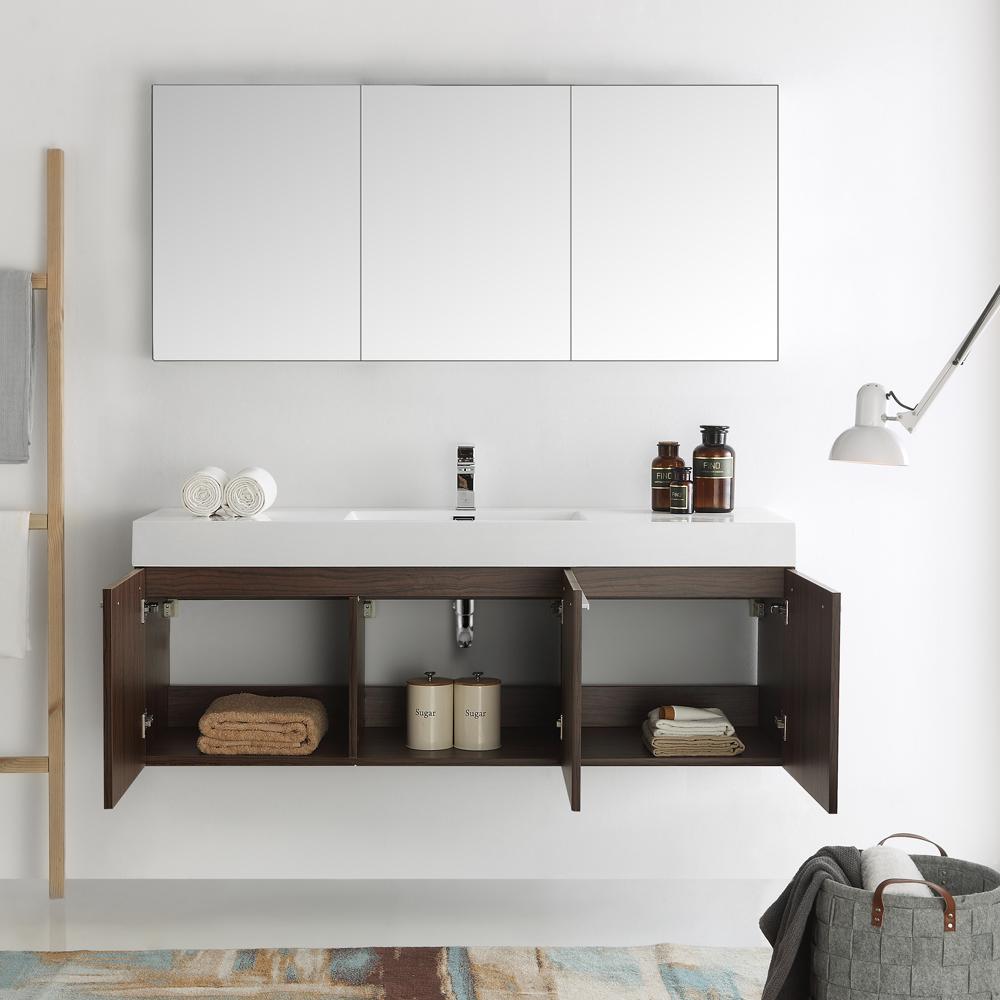 Fresca Vista 60" Walnut Wall Hung Single Sink Modern Bathroom Vanity w/ Medicine Cabinet