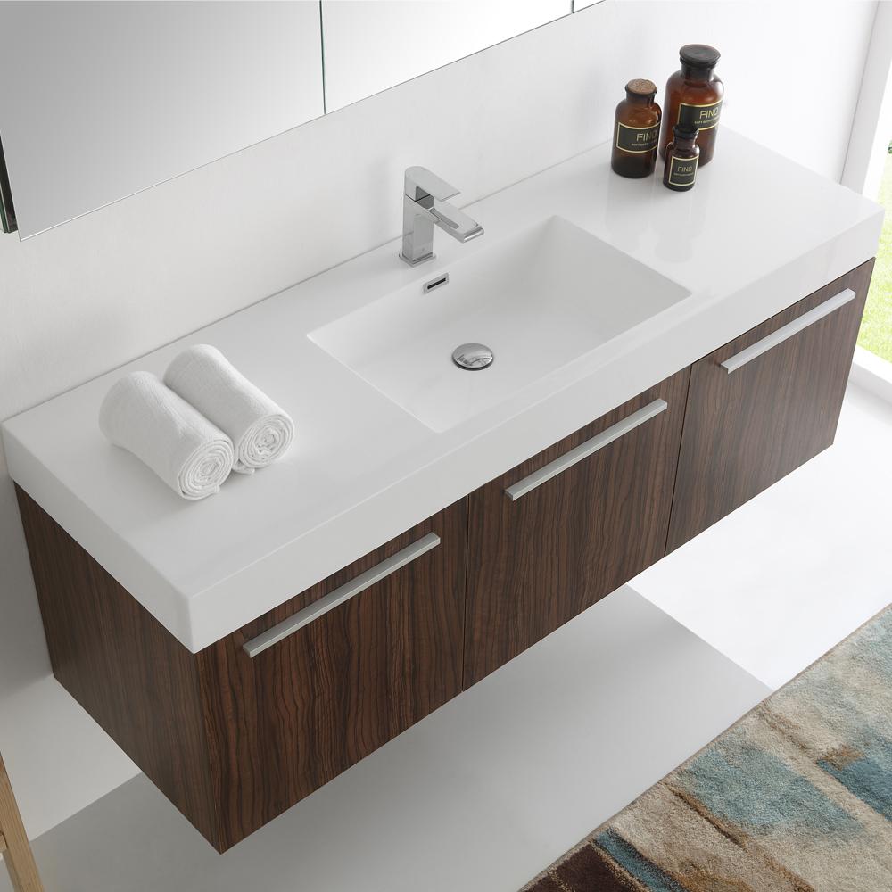 Fresca Vista 60" Walnut Wall Hung Single Sink Modern Bathroom Vanity w/ Medicine Cabinet