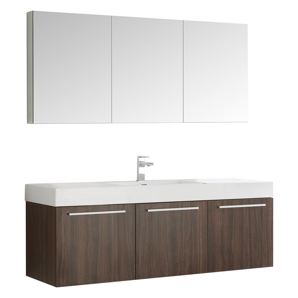 Fresca Vista 60" Walnut Wall Hung Single Sink Modern Bathroom Vanity w/ Medicine Cabinet