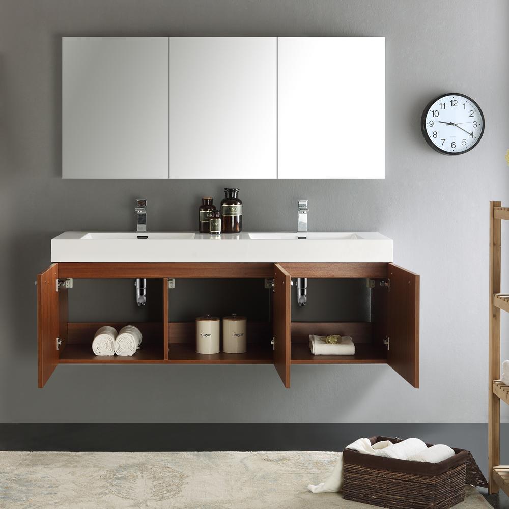 Fresca Vista 60" Teak Wall Hung Double Sink Modern Bathroom Vanity w/ Medicine Cabinet
