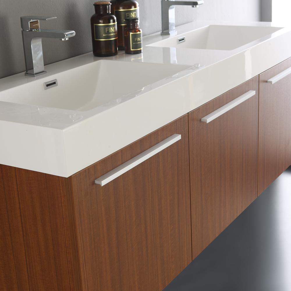 Fresca Vista 60" Teak Wall Hung Double Sink Modern Bathroom Vanity w/ Medicine Cabinet