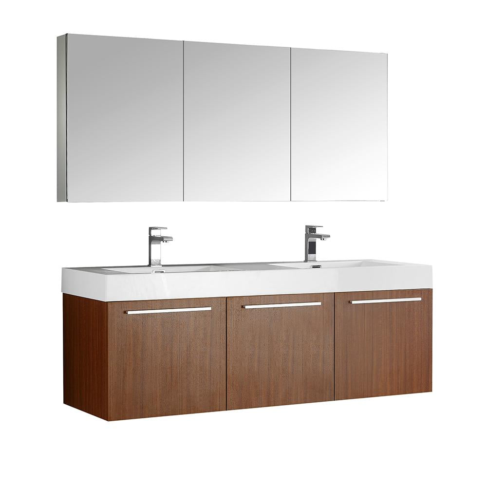 Fresca Vista 60" Teak Wall Hung Double Sink Modern Bathroom Vanity w/ Medicine Cabinet
