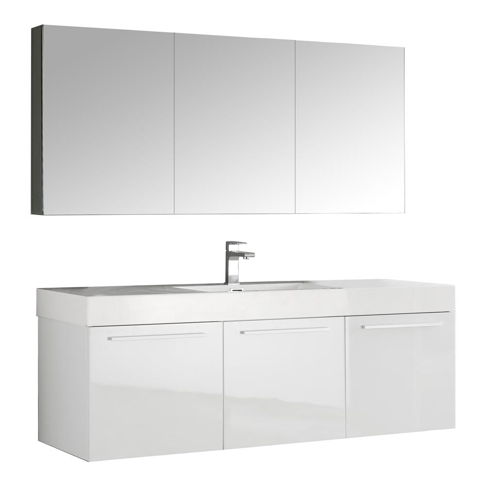 Fresca Vista 60" White Wall Hung Single Sink Modern Bathroom Vanity w/ Medicine Cabinet