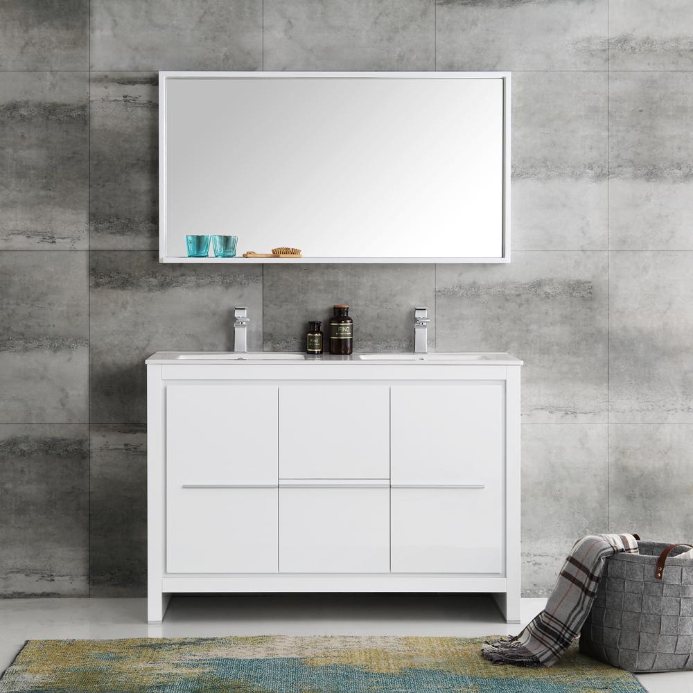 Fresca Allier 48" White Modern Double Sink Bathroom Vanity w/ Mirror