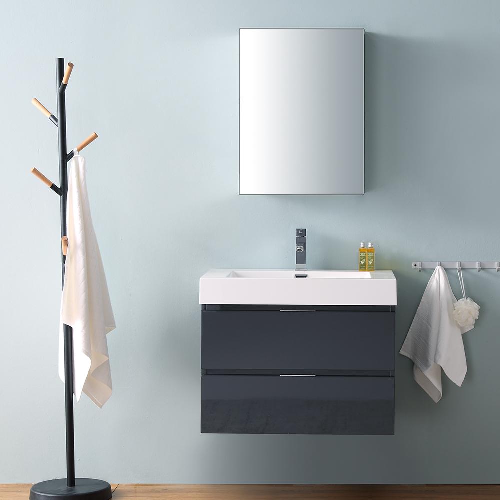 Fresca Valencia 30" Dark Slate Gray Wall Hung Modern Bathroom Vanity w/ Medicine Cabinet