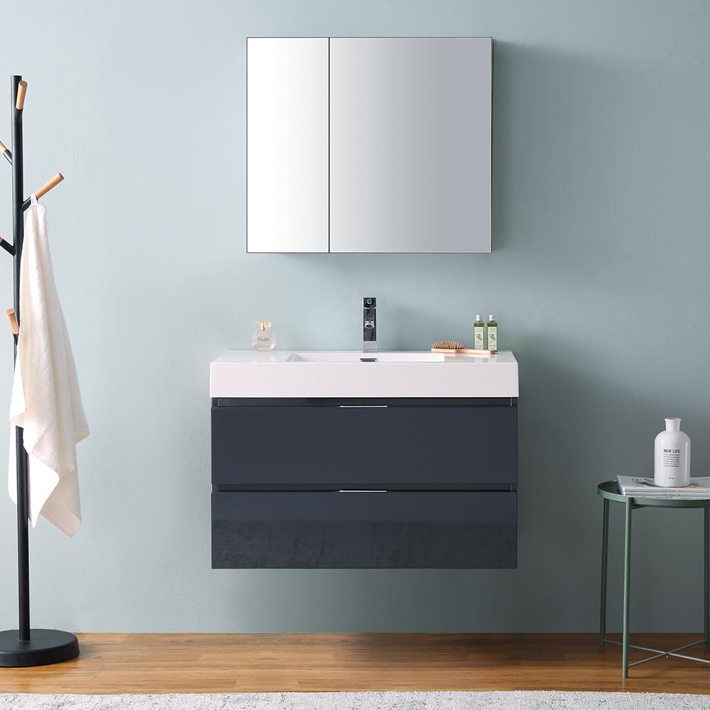 Fresca Valencia 36" Dark Slate Gray Wall Hung Modern Bathroom Vanity w/ Medicine Cabinet