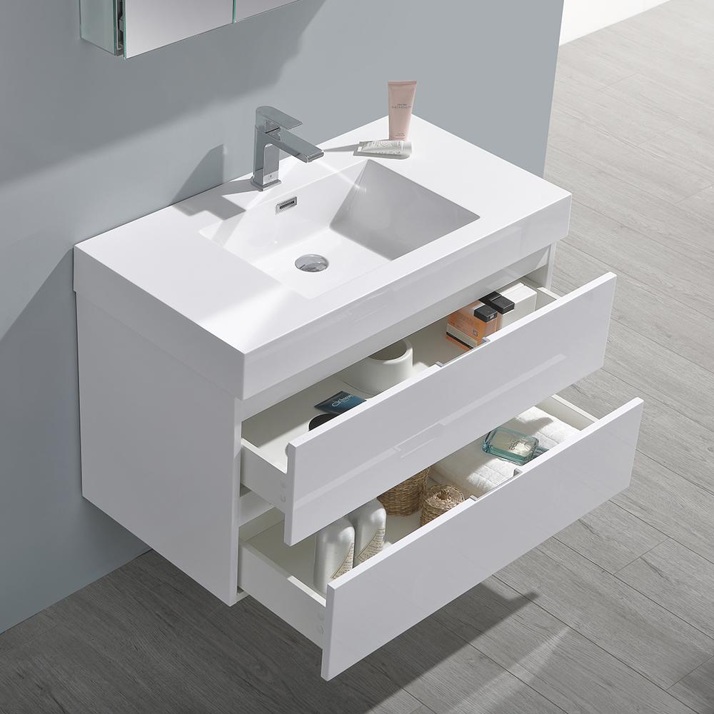 Fresca Valencia 36" Glossy White Wall Hung Modern Bathroom Vanity w/ Medicine Cabinet