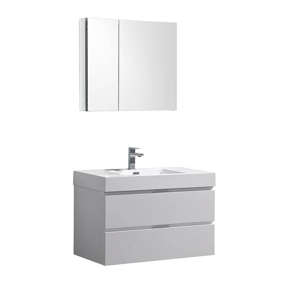 Fresca Valencia 36" Glossy White Wall Hung Modern Bathroom Vanity w/ Medicine Cabinet