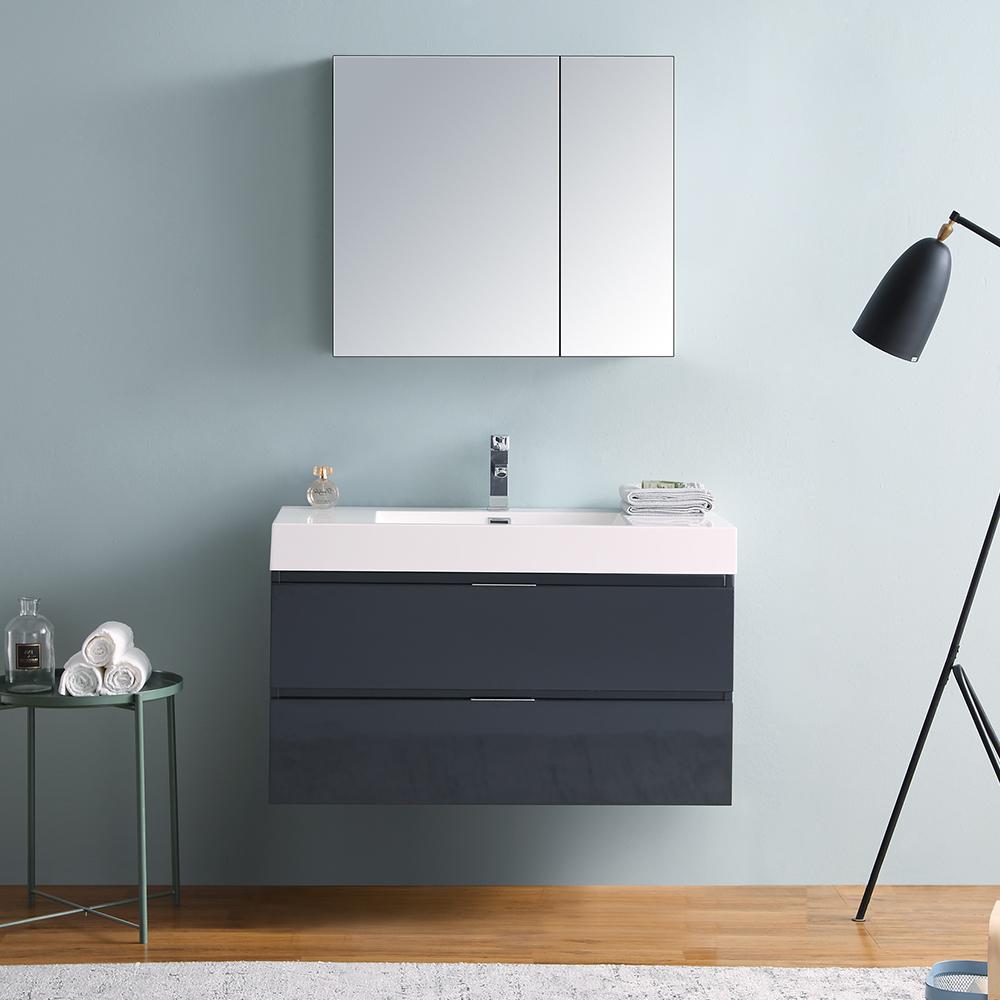 Fresca Valencia 40" Dark Slate Gray Wall Hung Modern Bathroom Vanity w/ Medicine Cabinet