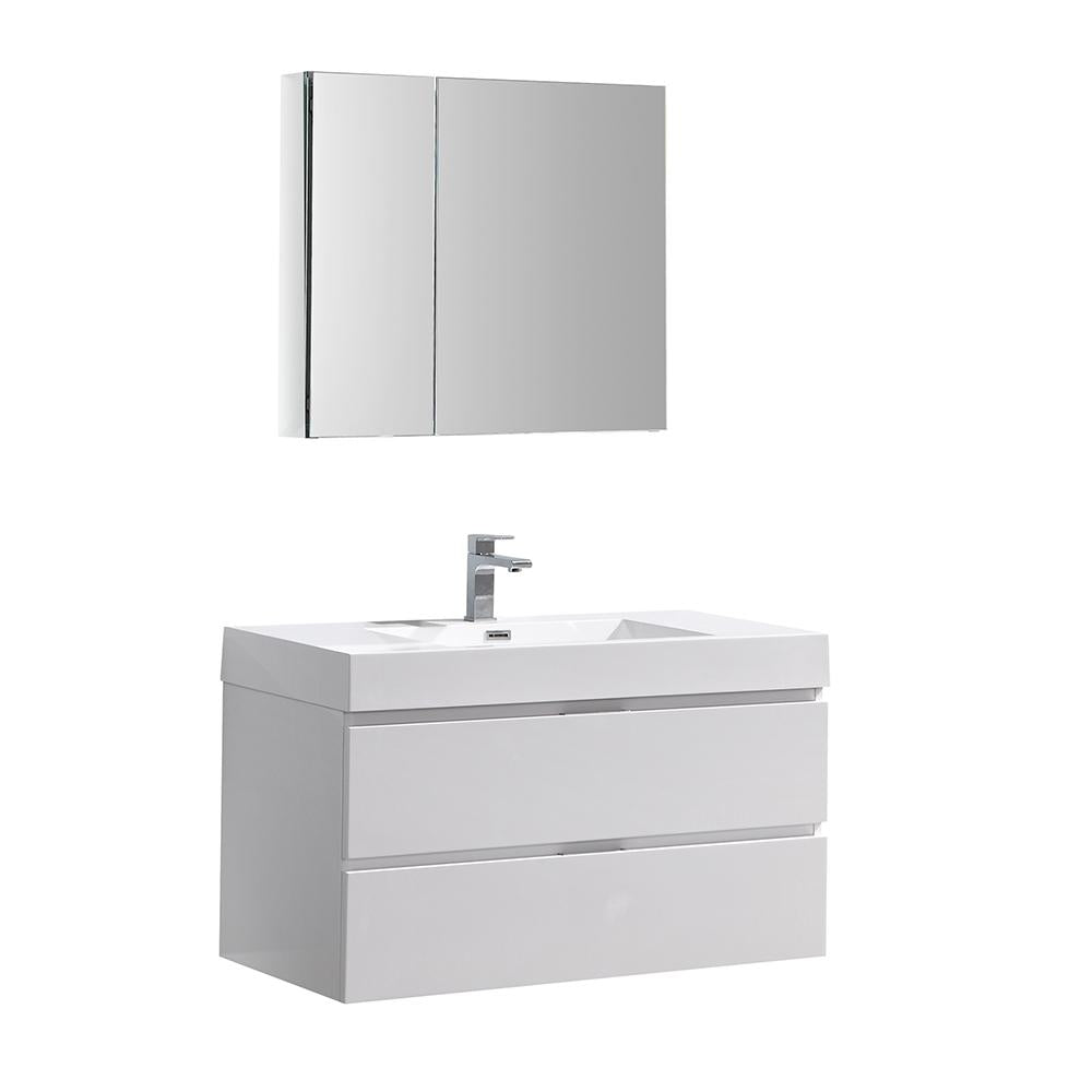 Fresca Valencia 40" Glossy White Wall Hung Modern Bathroom Vanity w/ Medicine Cabinet