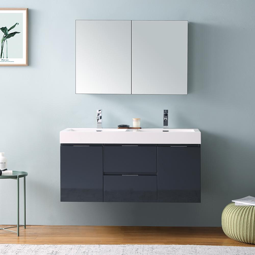 Fresca Valencia 48" Dark Slate Gray Wall Hung Double Sink Modern Bathroom Vanity w/ Medicine Cabinet