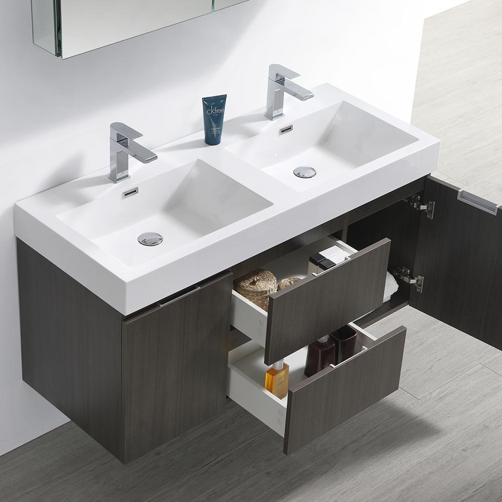 Fresca Valencia 48" Gray Oak Wall Hung Double Sink Modern Bathroom Vanity w/ Medicine Cabinet