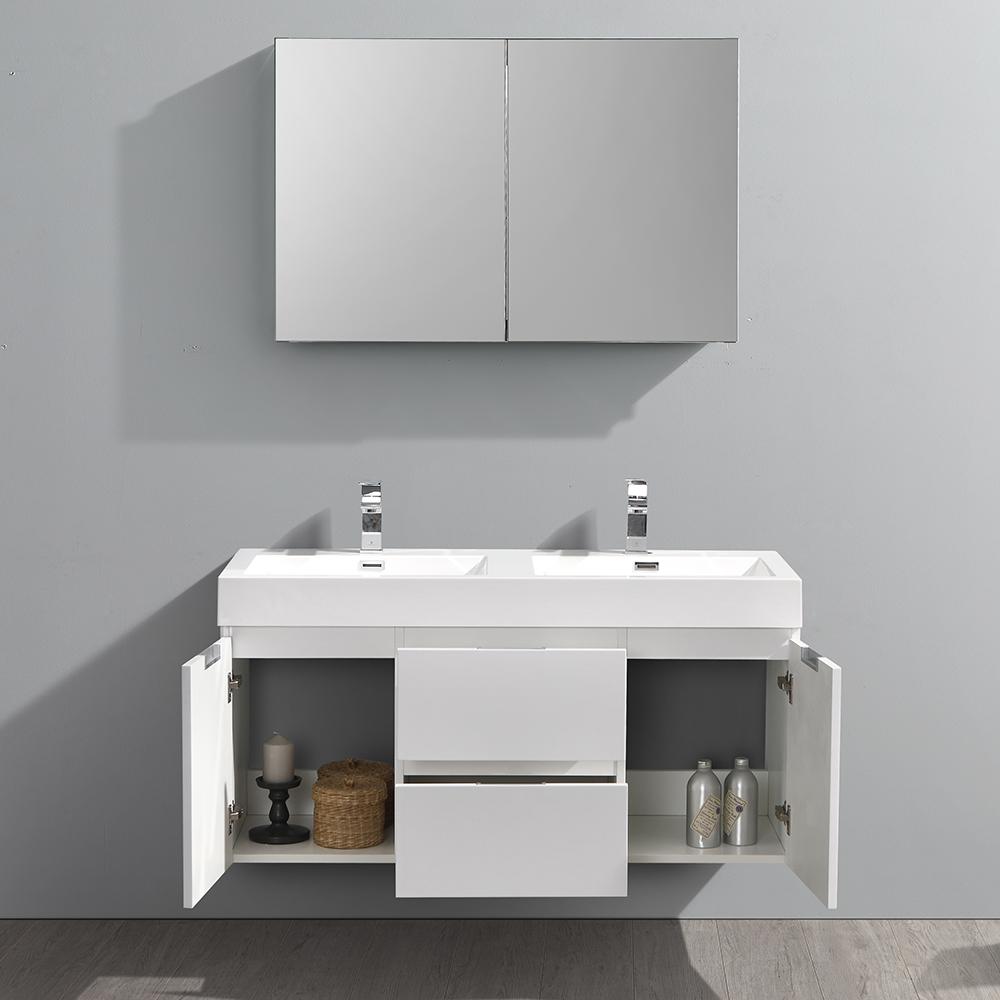 Fresca Valencia 48" Glossy White Wall Hung Double Sink Modern Bathroom Vanity w/ Medicine Cabinet