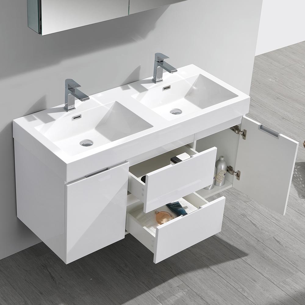 Fresca Valencia 48" Glossy White Wall Hung Double Sink Modern Bathroom Vanity w/ Medicine Cabinet