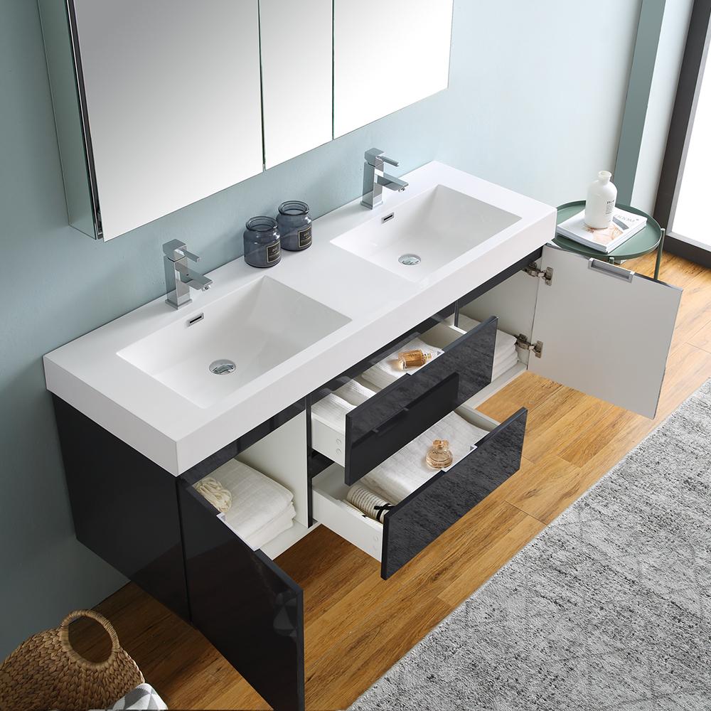 Fresca Valencia 60" Dark Slate Gray Wall Hung Double Sink Modern Bathroom Vanity w/ Medicine Cabinet