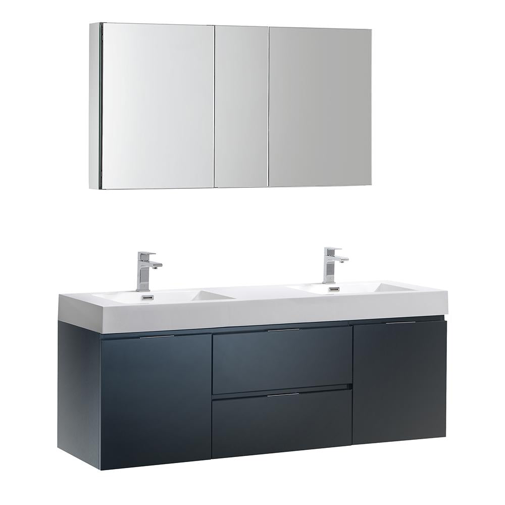 Fresca Valencia 60" Dark Slate Gray Wall Hung Double Sink Modern Bathroom Vanity w/ Medicine Cabinet