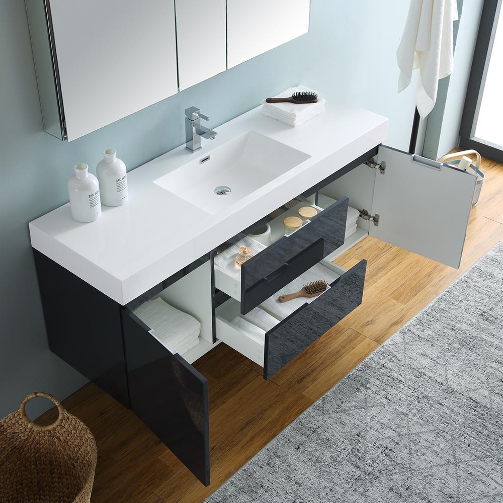 Fresca Valencia 60" Dark Slate Gray Wall Hung Modern Bathroom Vanity w/ Medicine Cabinet