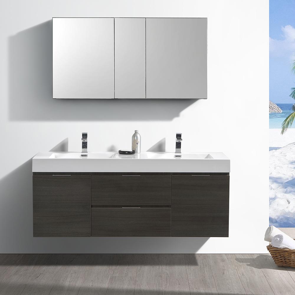 Fresca Valencia 60" Gray Oak Wall Hung Double Sink Modern Bathroom Vanity w/ Medicine Cabinet