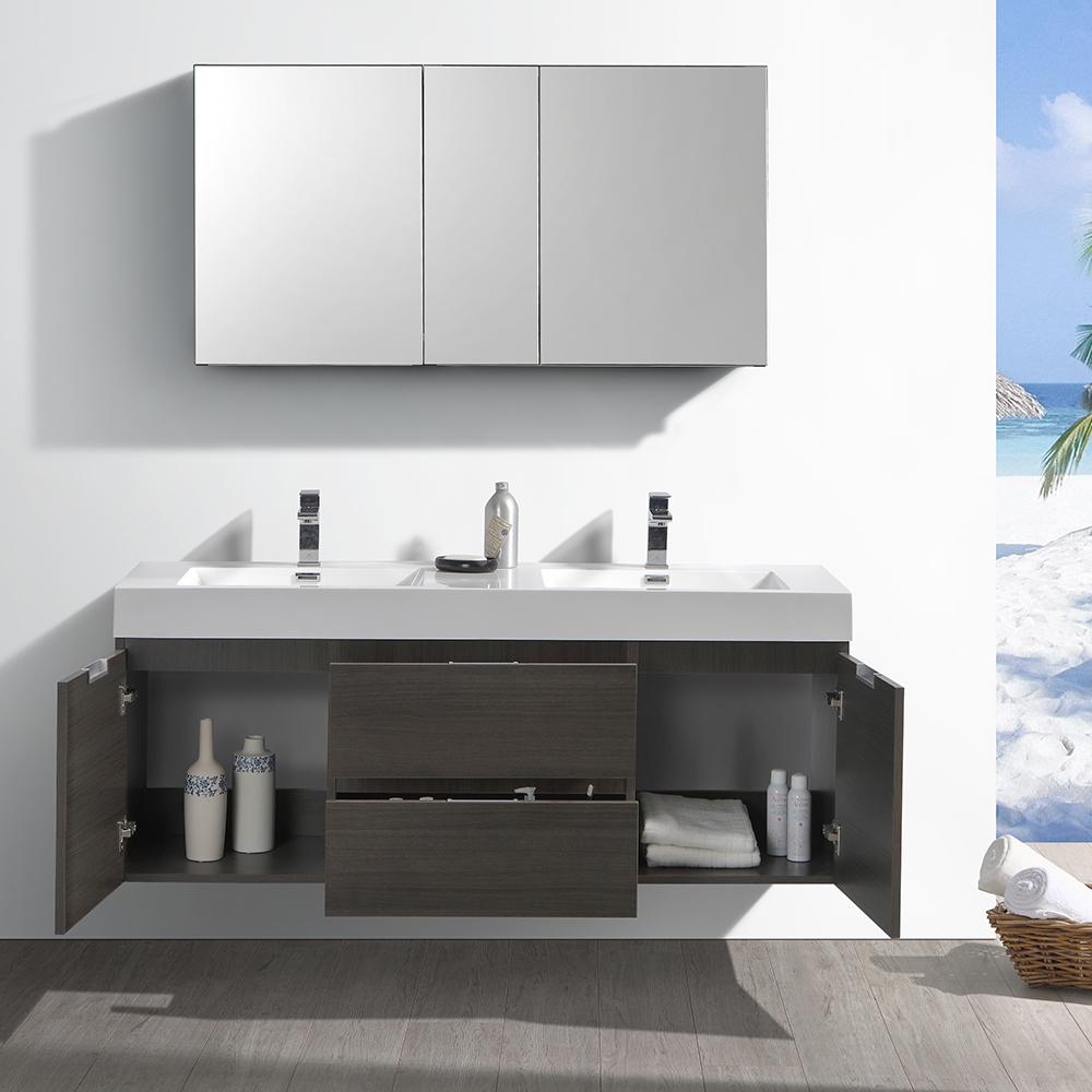 Fresca Valencia 60" Gray Oak Wall Hung Double Sink Modern Bathroom Vanity w/ Medicine Cabinet