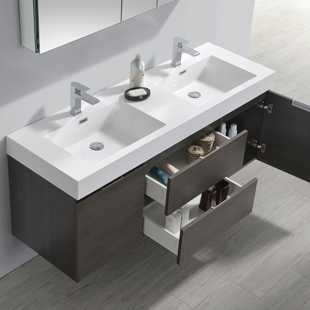 Fresca Valencia 60" Gray Oak Wall Hung Double Sink Modern Bathroom Vanity w/ Medicine Cabinet