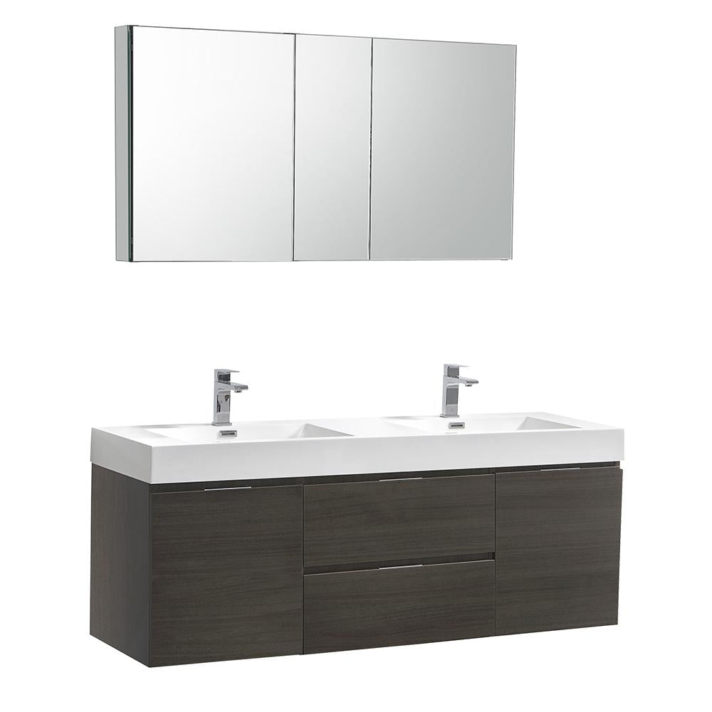 Fresca Valencia 60" Gray Oak Wall Hung Double Sink Modern Bathroom Vanity w/ Medicine Cabinet