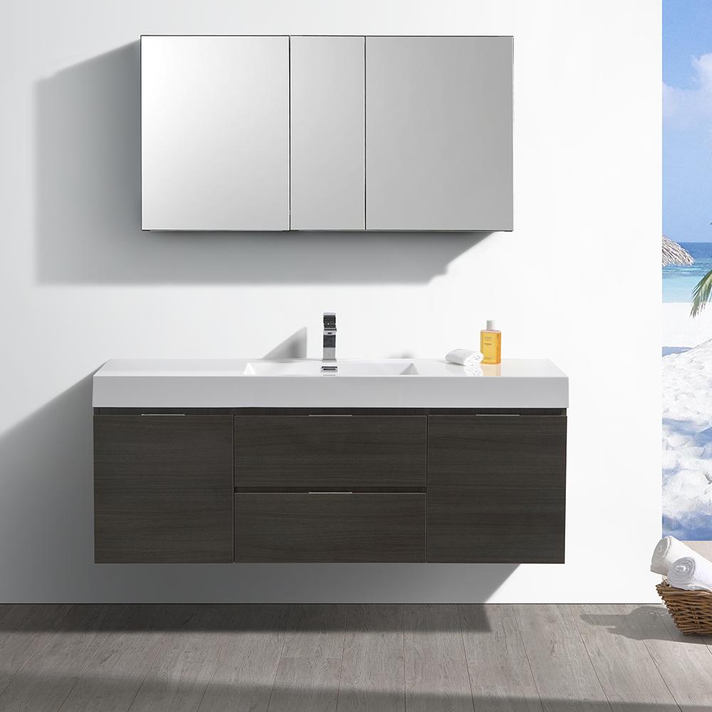 Fresca Valencia 60" Gray Oak Wall Hung Modern Bathroom Vanity w/ Medicine Cabinet