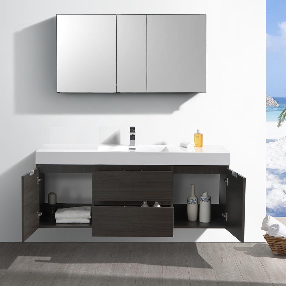 Fresca Valencia 60" Gray Oak Wall Hung Modern Bathroom Vanity w/ Medicine Cabinet