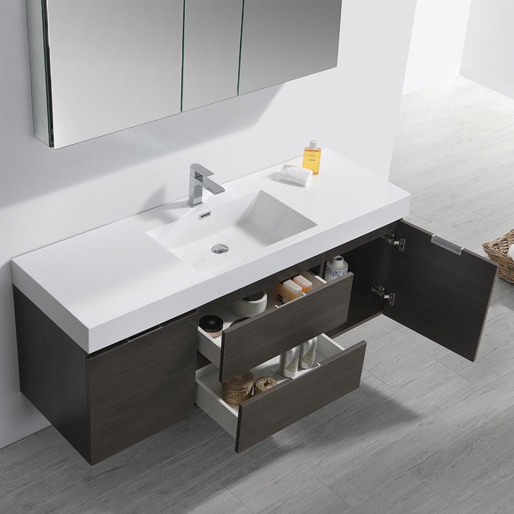 Fresca Valencia 60" Gray Oak Wall Hung Modern Bathroom Vanity w/ Medicine Cabinet