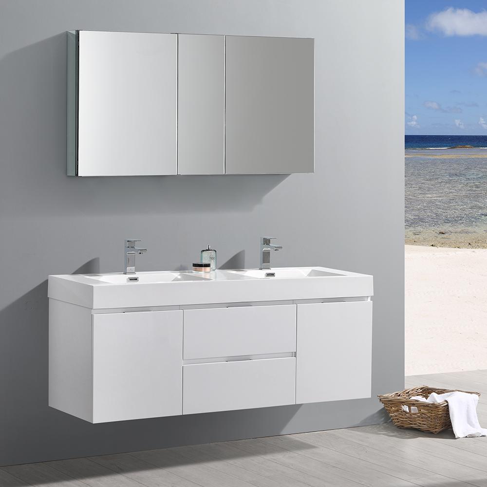 Fresca-Valencia-60"-Glossy-White-Wall-Hung-Double-Sink-Modern-Bathroom-Vanity-w/-Medicine-Cabinet-(FVN8360WH-D)