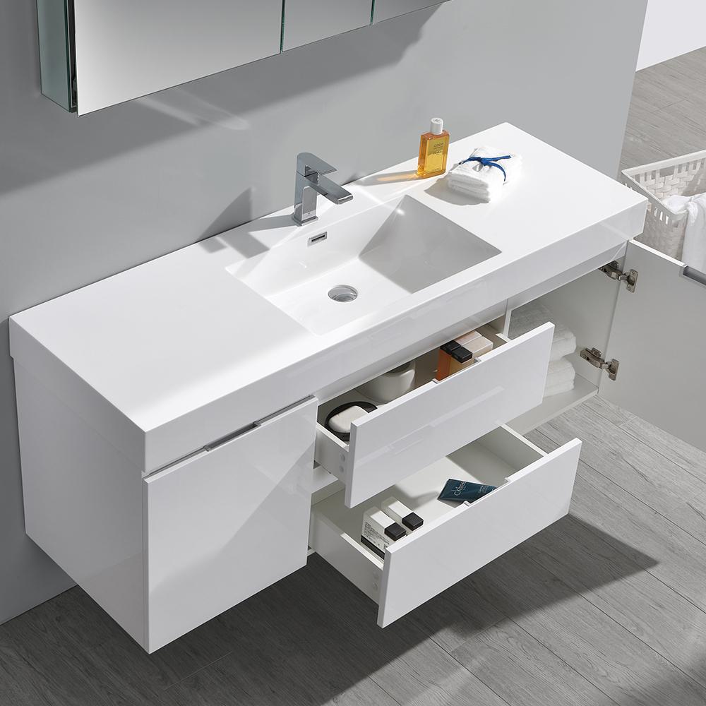 Fresca Valencia 60" Glossy White Wall Hung Modern Bathroom Vanity w/ Medicine Cabinet