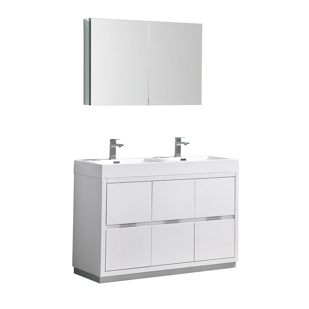 Fresca Valencia 48" Glossy White Free Standing Double Sink Modern Bathroom Vanity w/ Medicine Cabinet