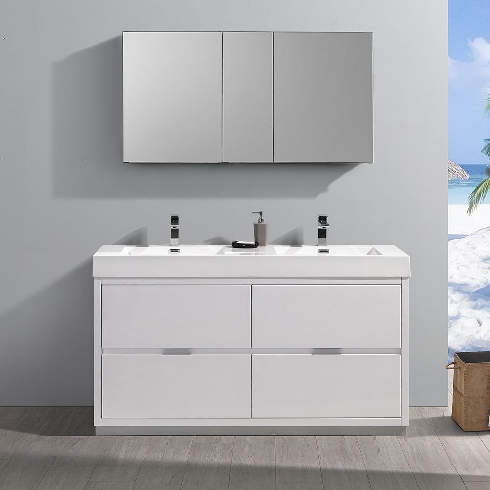 Fresca Valencia 60" Glossy White Free Standing Double Sink Modern Bathroom Vanity w/ Medicine Cabinet