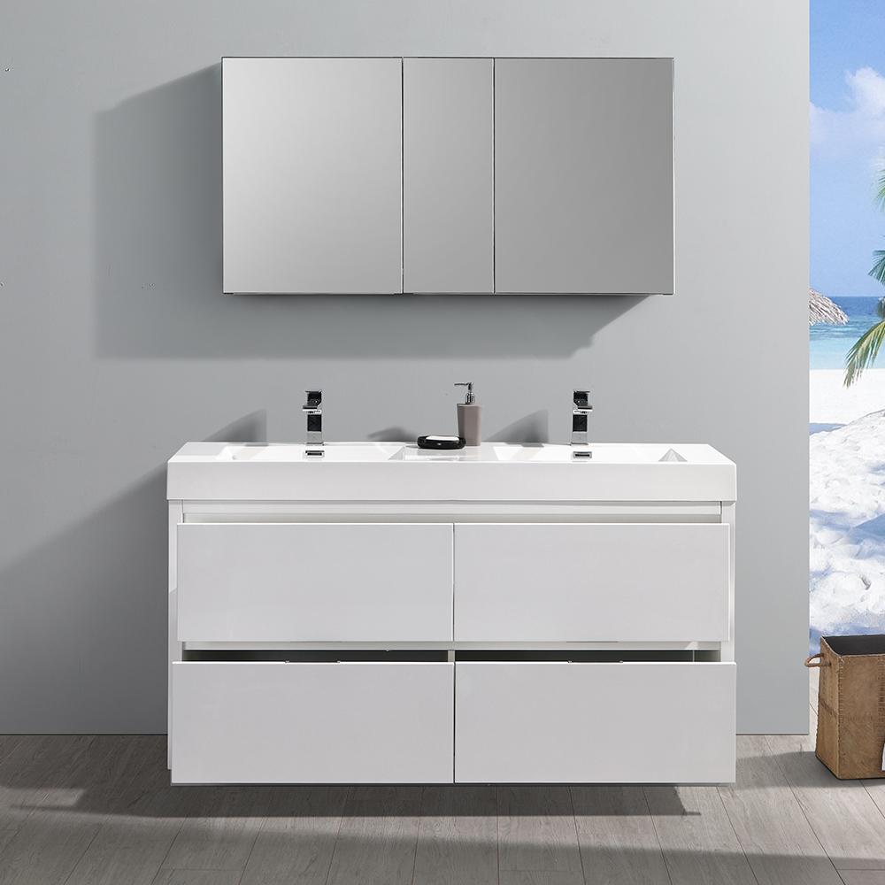 Fresca Valencia 60" Glossy White Free Standing Double Sink Modern Bathroom Vanity w/ Medicine Cabinet