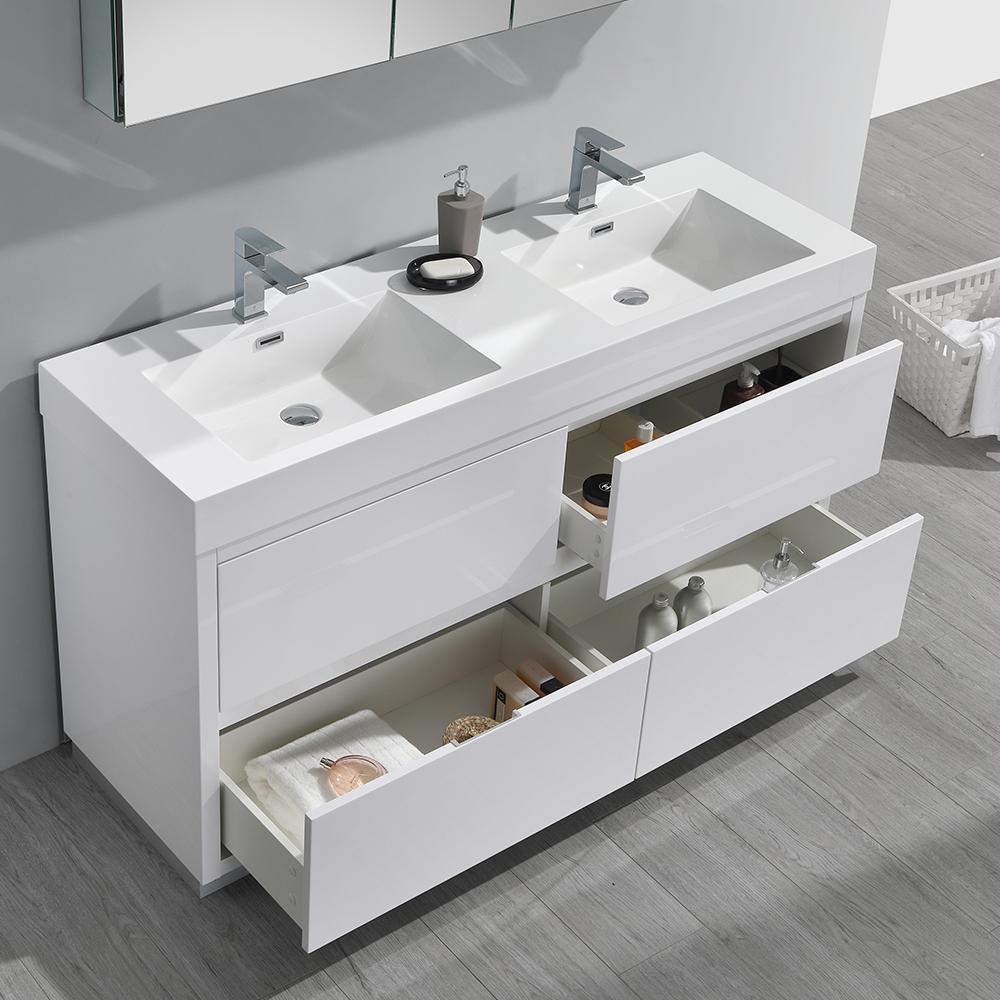 Fresca Valencia 60" Glossy White Free Standing Double Sink Modern Bathroom Vanity w/ Medicine Cabinet