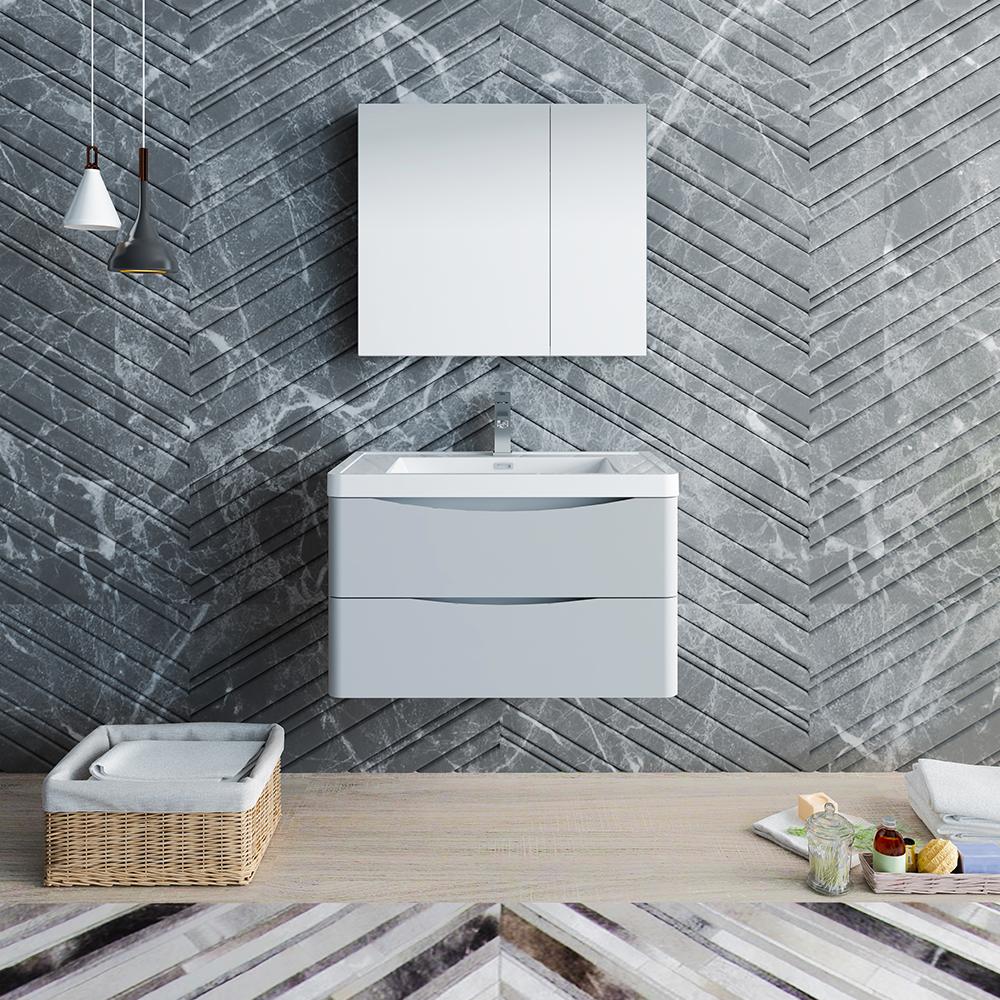 Fresca Tuscany 32" Glossy Gray Wall Hung Modern Bathroom Vanity w/ Medicine Cabinet