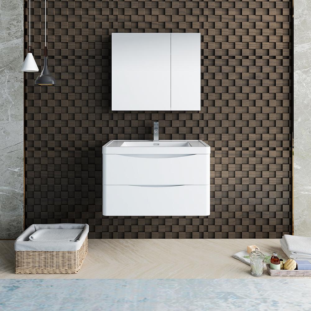Fresca Tuscany 32" Glossy White Wall Hung Modern Bathroom Vanity w/ Medicine Cabinet