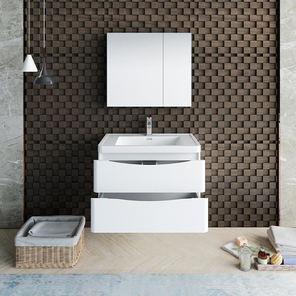 Fresca Tuscany 32" Glossy White Wall Hung Modern Bathroom Vanity w/ Medicine Cabinet