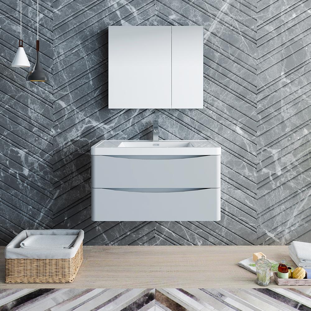 Fresca Tuscany 36" Glossy Gray Wall Hung Modern Bathroom Vanity w/ Medicine Cabinet