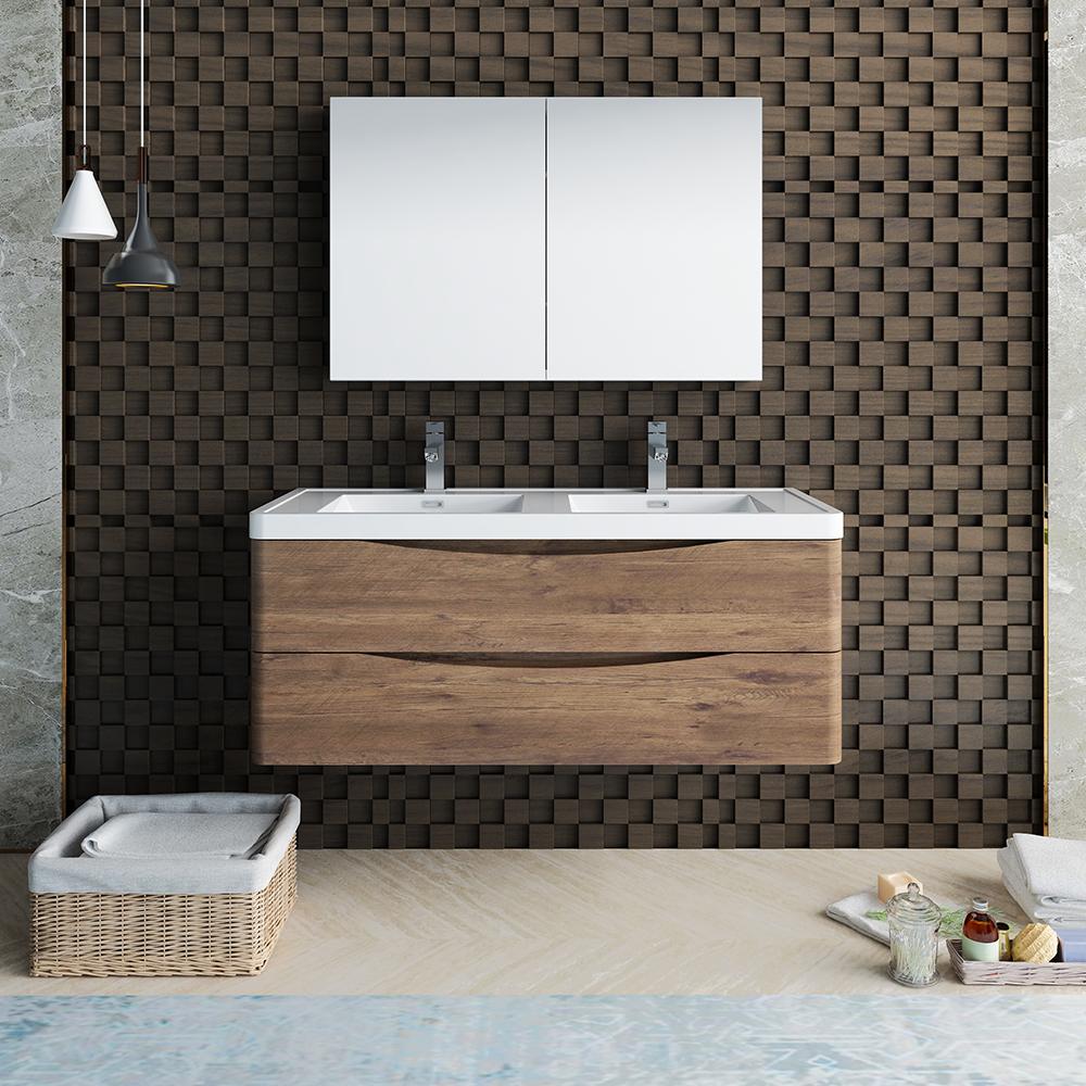 Fresca Tuscany 48" Rosewood Wall Hung Double Sink Modern Bathroom Vanity w/ Medicine Cabinet