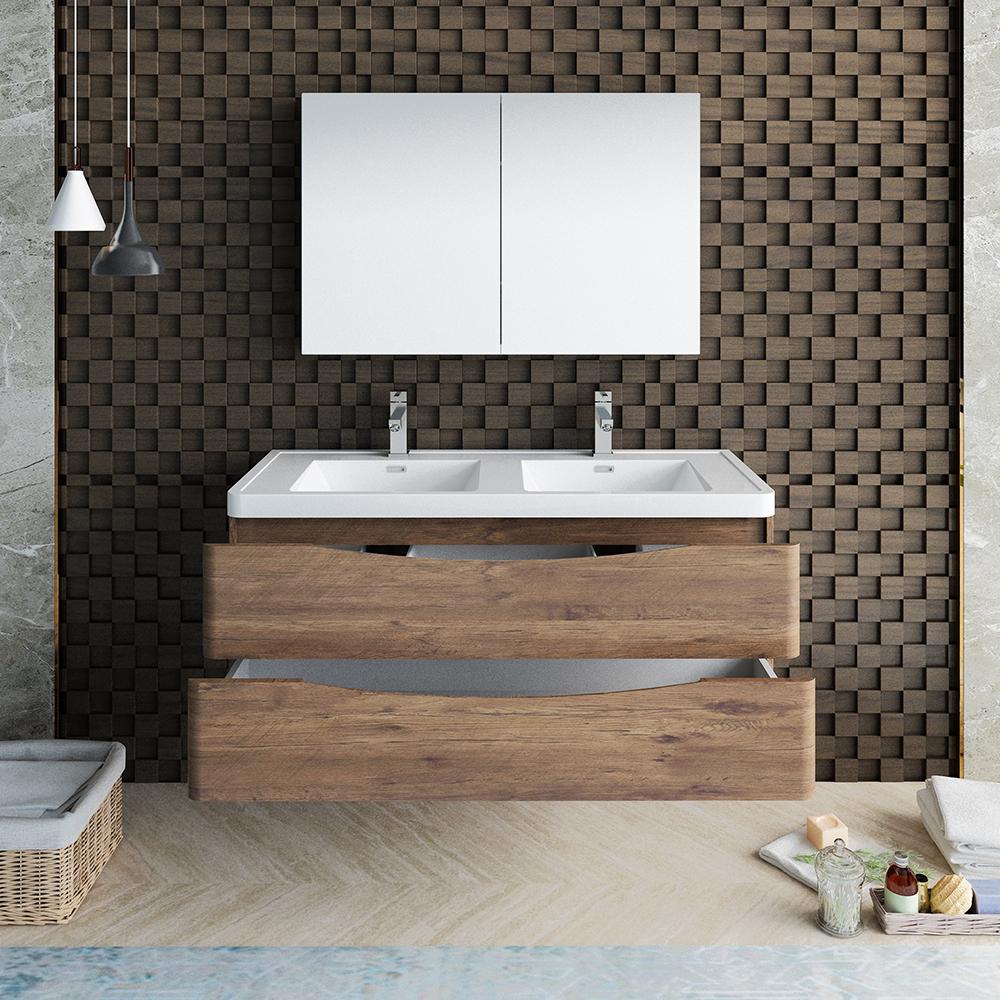 Fresca Tuscany 48" Rosewood Wall Hung Double Sink Modern Bathroom Vanity w/ Medicine Cabinet