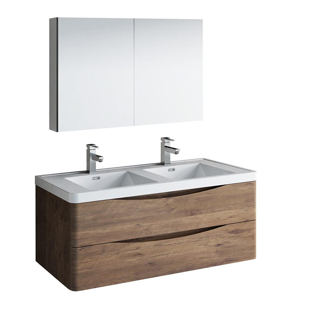 Fresca Tuscany 48" Rosewood Wall Hung Double Sink Modern Bathroom Vanity w/ Medicine Cabinet