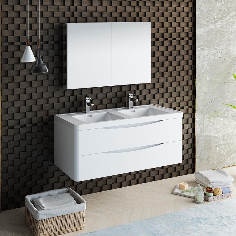 Fresca-Tuscany-48"-Glossy-White-Wall-Hung-Double-Sink-Modern-Bathroom-Vanity-w/-Medicine-Cabinet-(FVN9048WH-D)