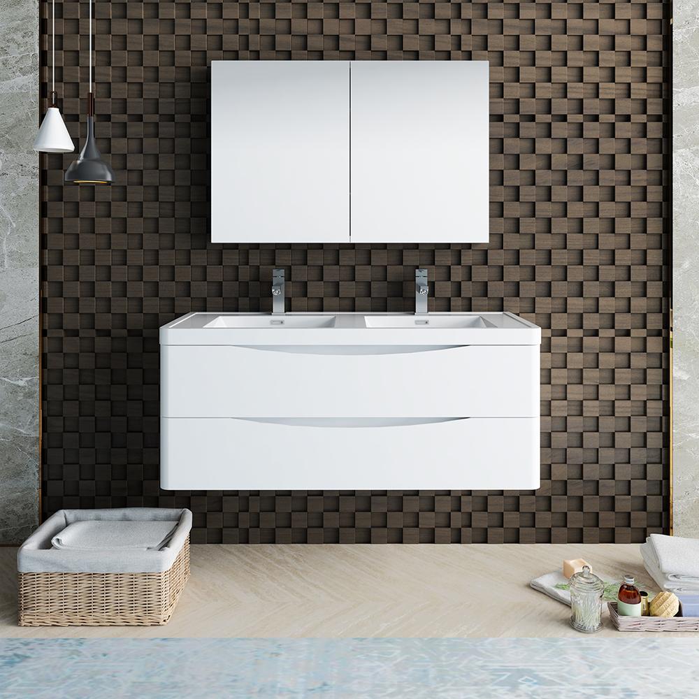 Fresca Tuscany 48" Glossy White Wall Hung Double Sink Modern Bathroom Vanity w/ Medicine Cabinet