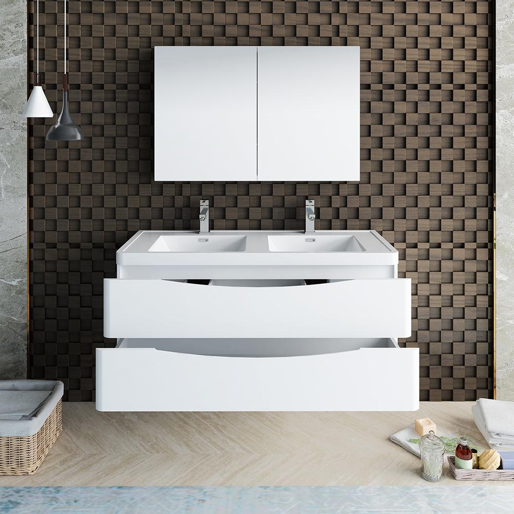 Fresca Tuscany 48" Glossy White Wall Hung Double Sink Modern Bathroom Vanity w/ Medicine Cabinet